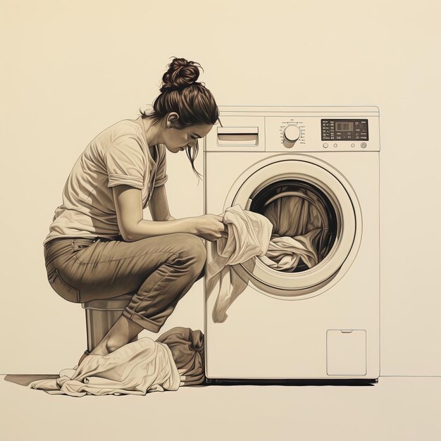 a drawing of a woman with a shirt that says  she is washing a washing machine