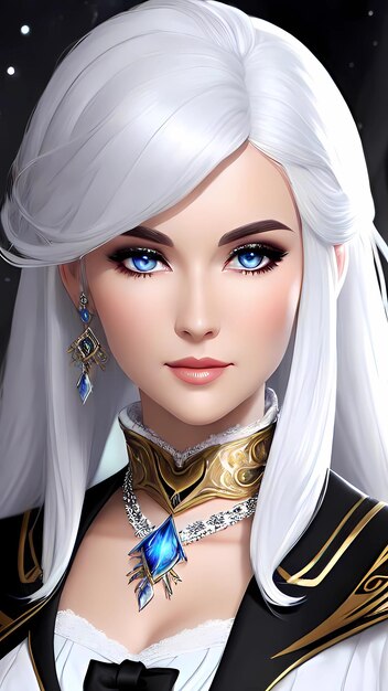 A drawing of a woman with white hair and a blue eyes