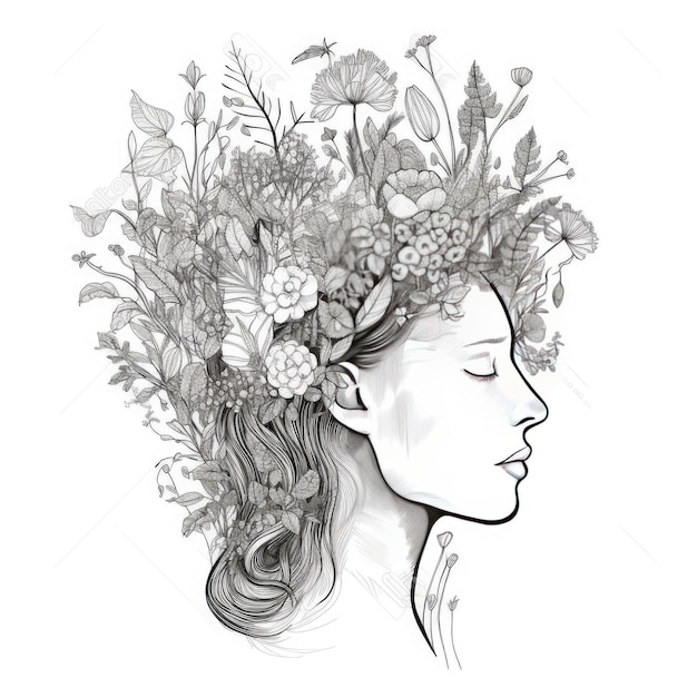 a drawing of a woman with a wreath of flowers on her head
