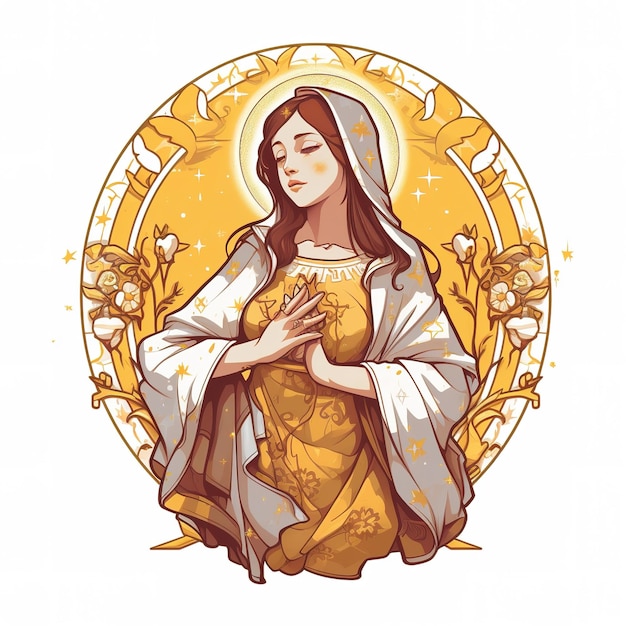 A drawing of a woman with a yellow dress that says jesus on it