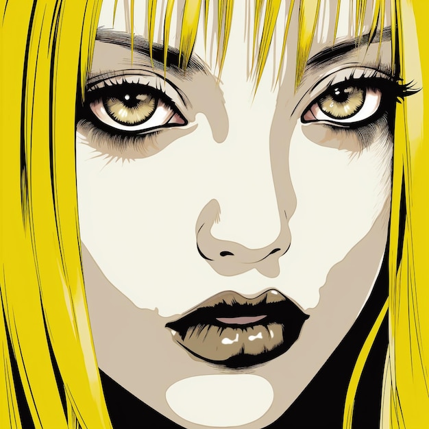 A drawing of a woman with yellow eyes and a yellow background.