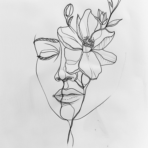 Photo drawing of a womans face with a flower in her hair generative ai