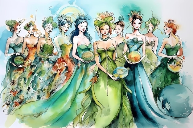 바닥에 "aqua"라는 단어가 있는 녹색 드레스를 입은 여성의 그림.