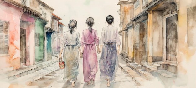 a drawing of women walking down a street with one wearing a dress.