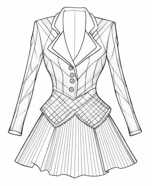 A drawing of a womens jacket and skirt with a pleaed skirt generative ai