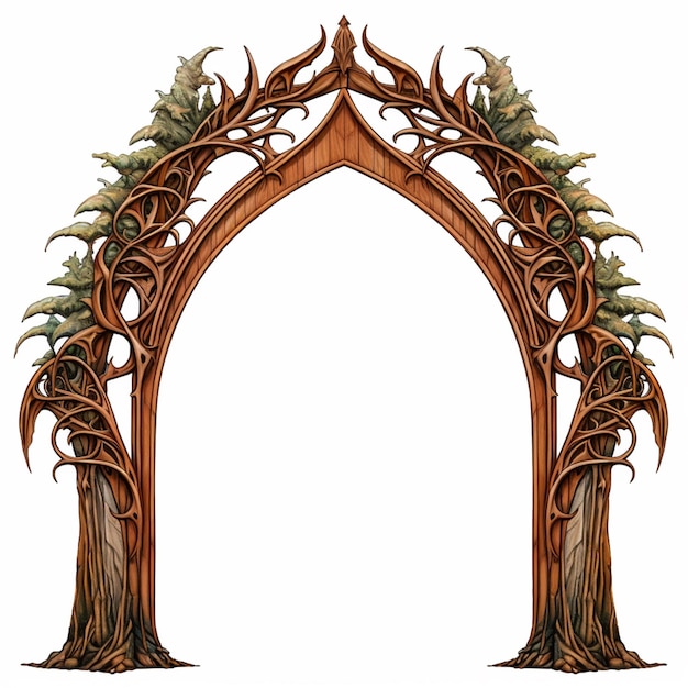 Photo a drawing of a wooden arch with a tree growing out of it generative ai