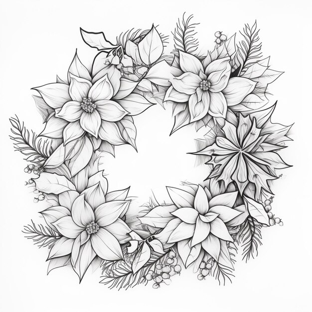 a drawing of a wreath of flowers with leaves and berries generative ai