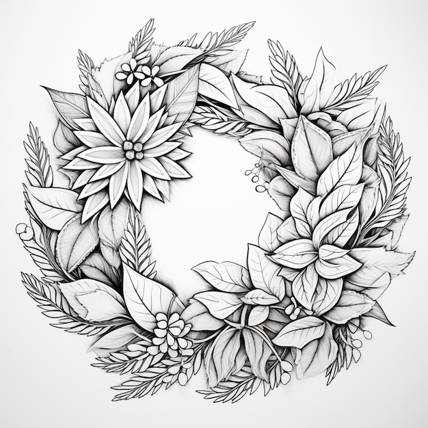 a drawing of a wreath with poinsettis and leaves generative ai