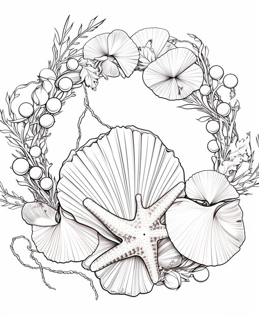 A drawing of a wreath with shells and flowers generative ai