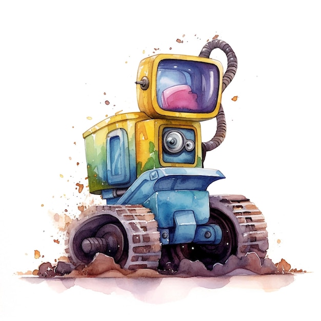 A drawing of a yellow and blue robot with a pink nose.