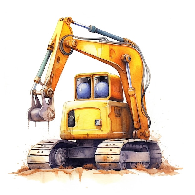 A drawing of a yellow excavator with a blue circle on the front.