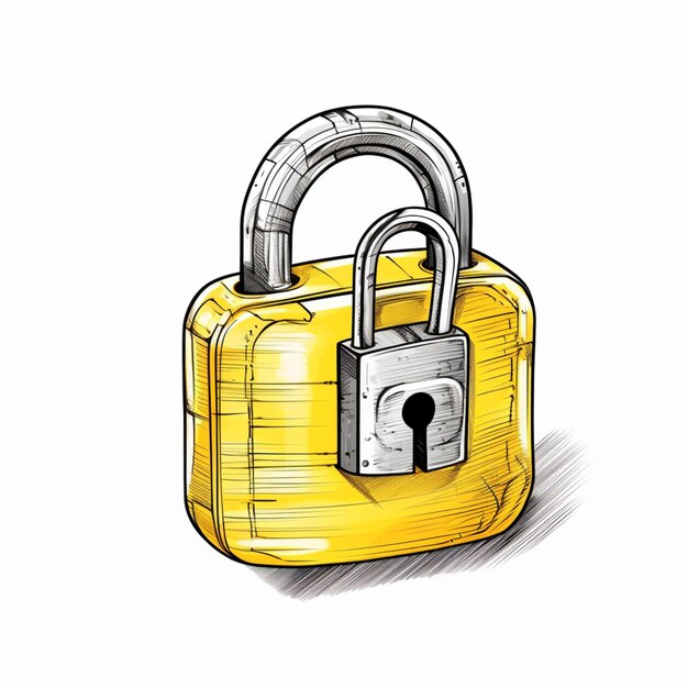 Photo drawing of a yellow padlock with a key on it generative ai