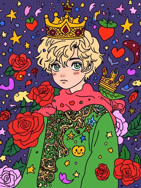 A drawing of a young boy with a crown and roses generative ai