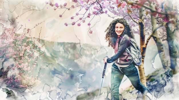 Drawing of a young woman doing Nordic walking and an active lifestyle walks through a forest with bl