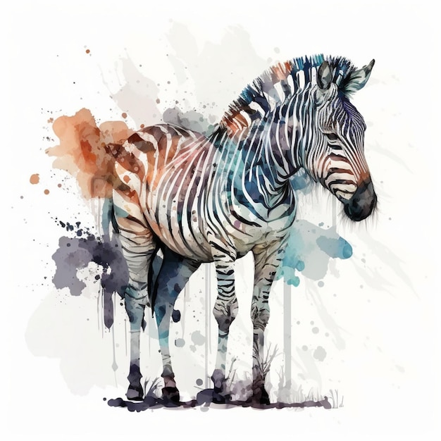 A drawing of a zebra with a blue and orange background