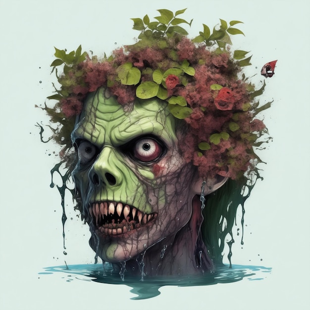 Photo a drawing of a zombie with a bushy face and flowers on it.