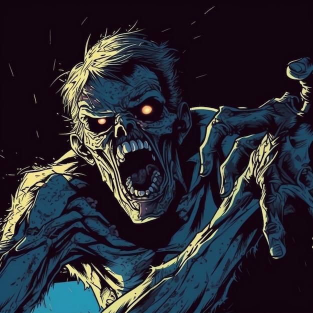 a drawing of a zombie with a skull in the background