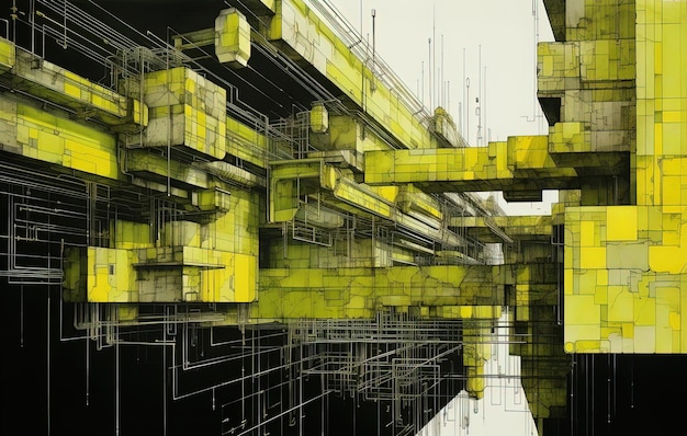 the drawings are showing green and yellow lines in the style of abstracted architecture