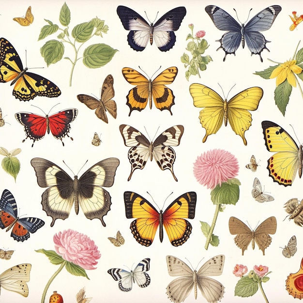 Photo drawings of collection of butterflies on white background generative ai