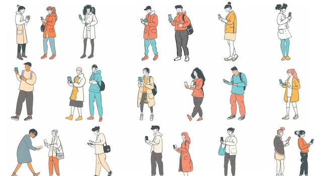 Drawings of people using mobile phones in a hand drawn style