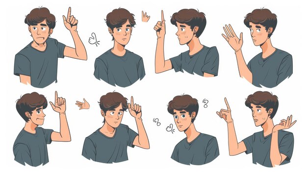 Drawings of various hand gestures by a man in doodle style modern art