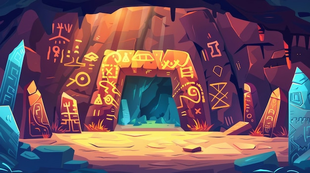 The drawings on the walls of a prehistoric cave can be seen in this modern cartoon illustration of a mountain tunnel an underground grotto a tribal cavern with primitive pictures ancient