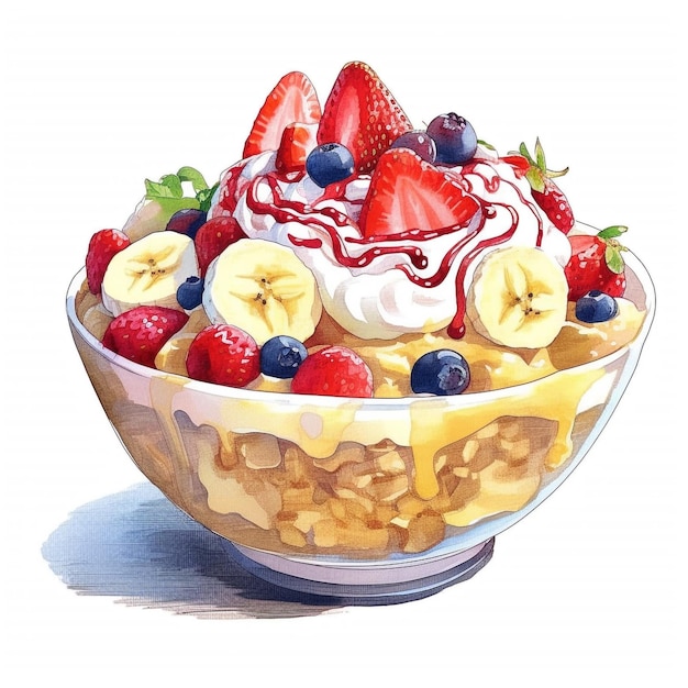 Photo a drawling of a banana split fruit smoothie bowl with assorted toppings