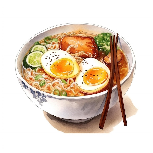 Photo a drawling of ramen noodles with eggs noodles veggies and meat