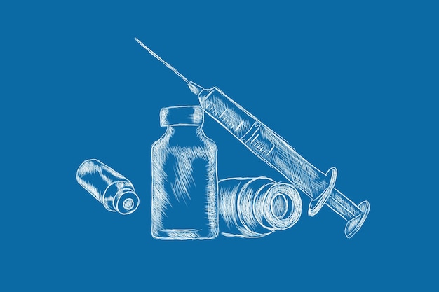 Photo drawn ampoules and syringe on a blue background