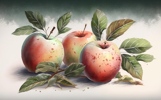 Drawn apples watercolor fruit organic food illustrations ai generated