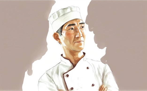 Photo a drawn asian man chef on white background watercolor restaurant illustrations ai generated