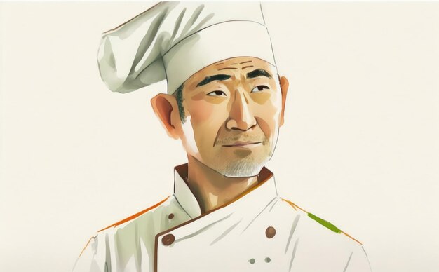 a drawn asian man chef on white background watercolor restaurant illustrations ai generated