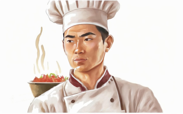 Foto uno chef uomo asiatico disegnato su sfondo bianco illustrazioni ristorante acquerello ai generato