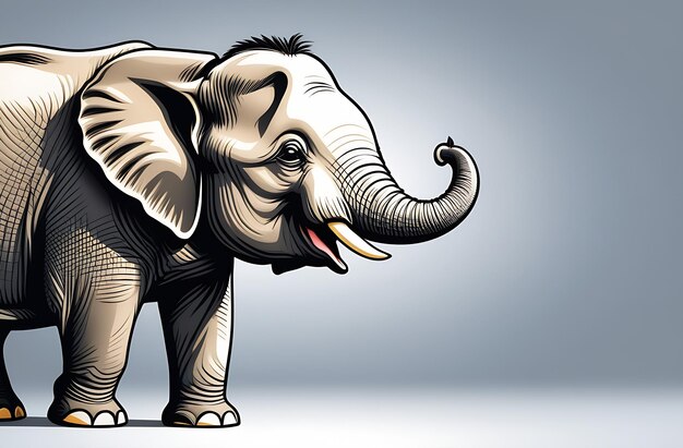 Drawn baby elephant on grey background banner with space for text