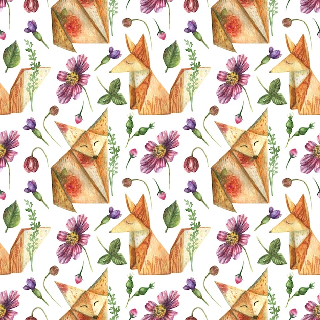 Drawn background from elements of bright flowers herbs origami animals orange fox