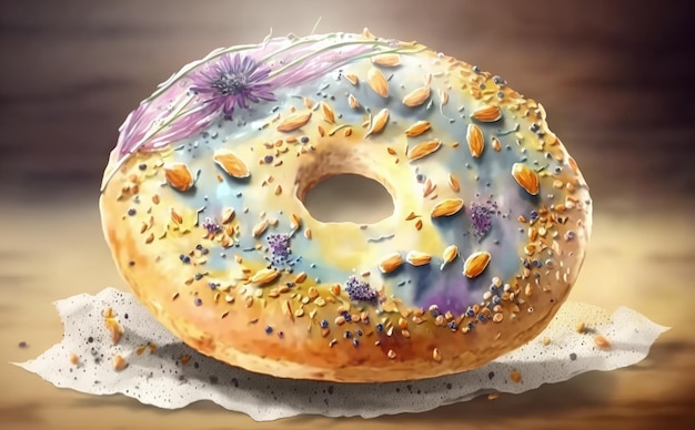 Photo a drawn bagel or doughnut on white background watercolor pastry illustrations ai generated