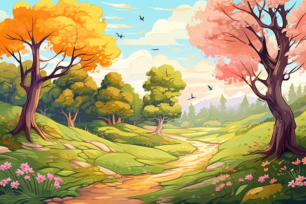 Drawn beautiful spring landscape background