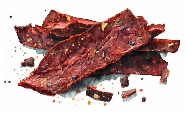 a drawn beef jerky on white background watercolor meat illustrations ai generated