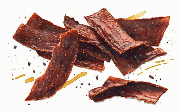 a drawn beef jerky on white background watercolor meat illustrations ai generated