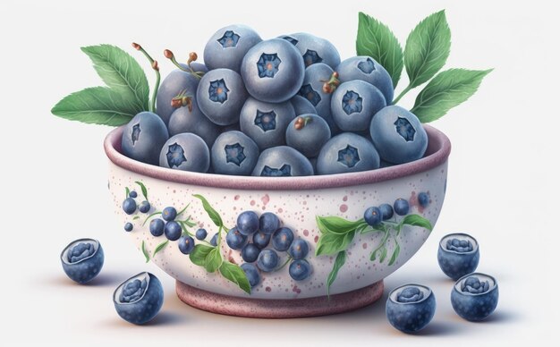 drawn bowl of blueberries on white background watercolor organic food illustrations ai generated