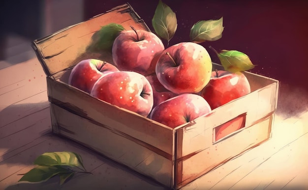 Drawn box of apples watercolor fruit organic food illustrations ai generated