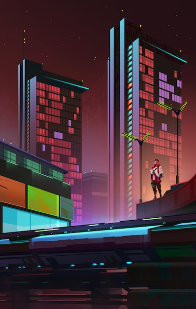 drawn bright night city in cyberpunk style urban landscape