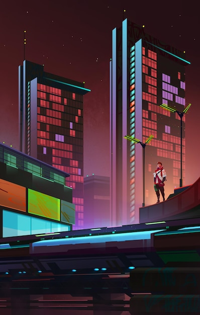 Drawn bright night city in cyberpunk style Urban landscape