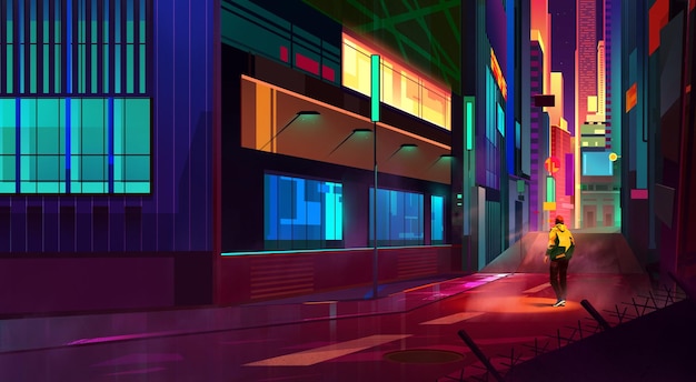 Drawn bright night neon illuminated street of an empty city of the future with a man