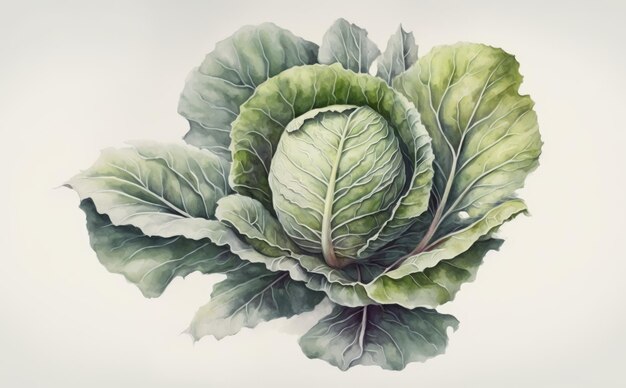 Photo a drawn cabbage on white background watercolor vegetable organic food illustrations ai generated