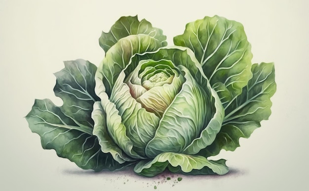 A drawn cabbage on white background watercolor vegetable organic food illustrations ai generated