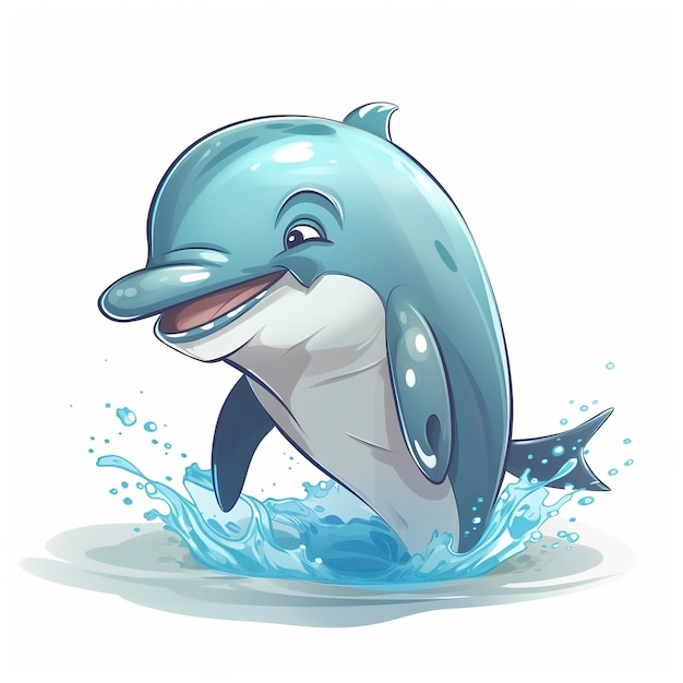 Drawn cartoon cute funny dolphin white background minimalism generat ai