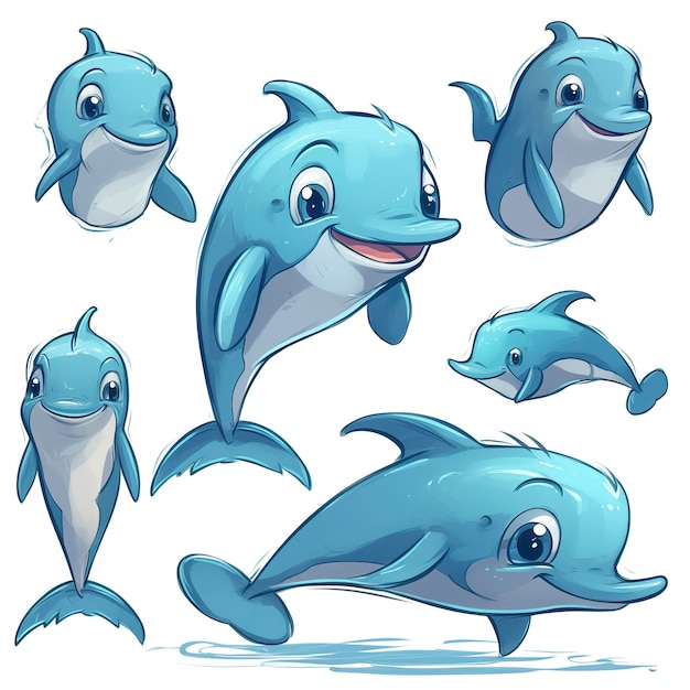 Drawn cartoon cute funny dolphin white background minimalism generat ai