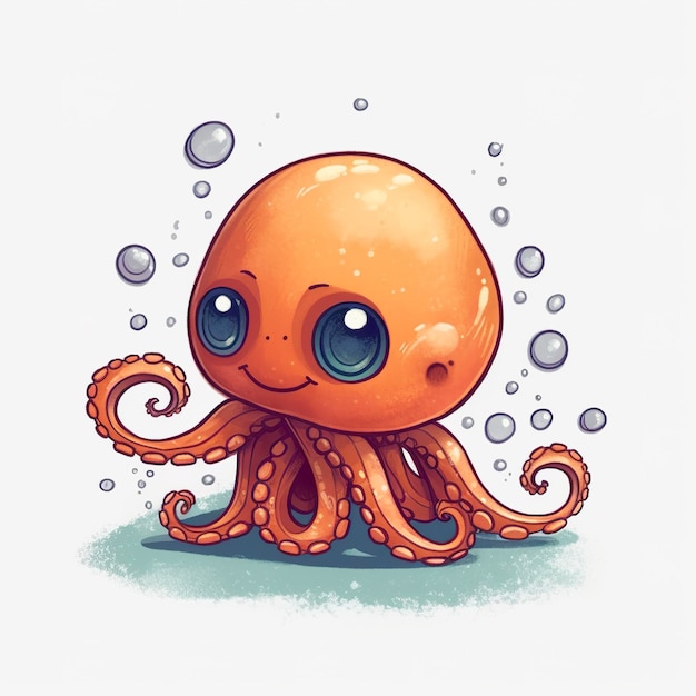 Photo drawn cartoon cute funny octopus white background high quality minimalism generat ai