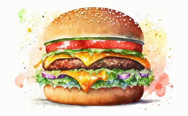 a drawn cheeseburger on yellow background watercolor fast food illustrations ai generated